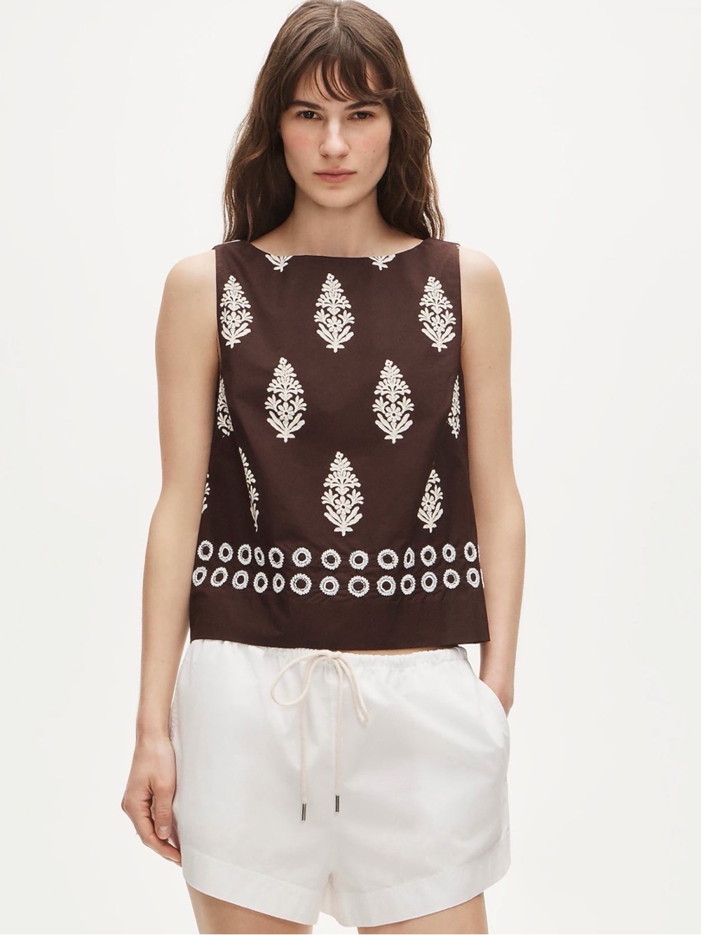 J.Crew Beaded Shell Top Cocoa Block Print Pearl Embroidered Brown Size 0 NWT